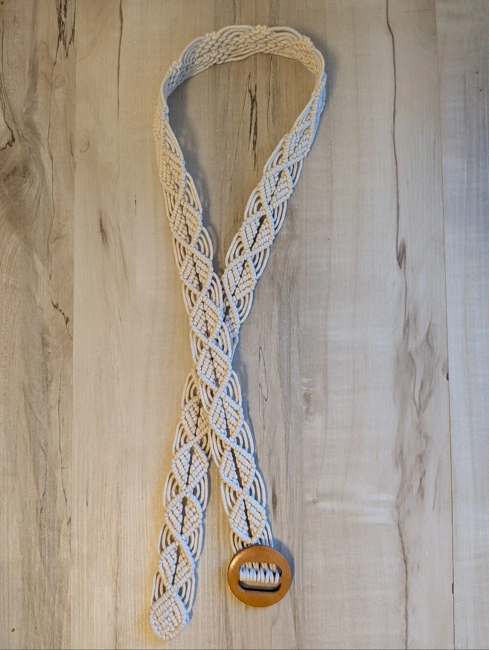 Crochet Macrame Belt Off White Wooden Buckle